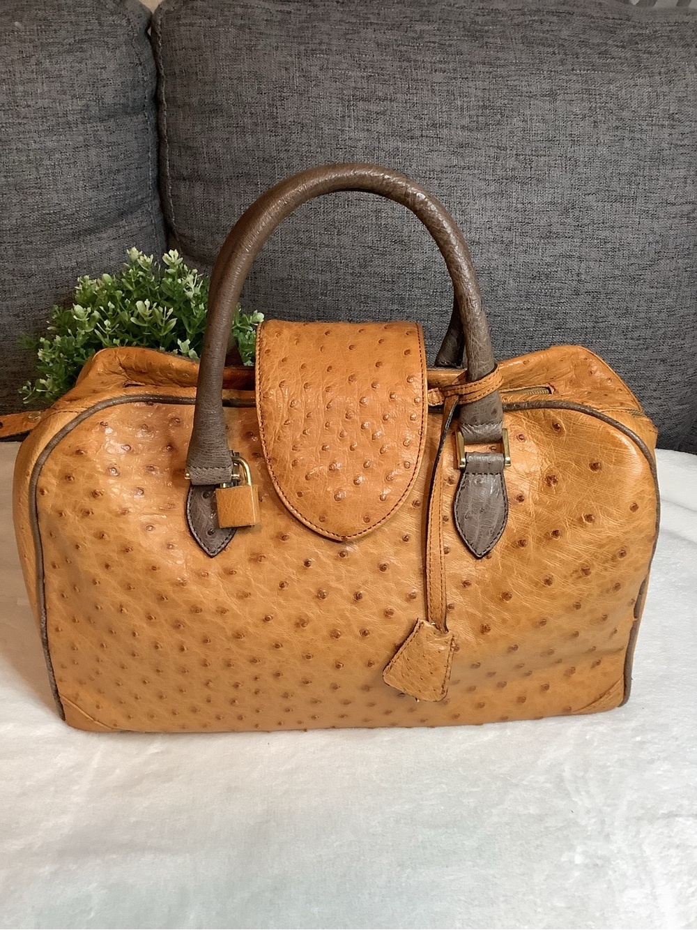 Classic Tan Ostrich-Texture Satchel Handbag with Dark Brown Trim